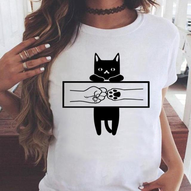 Women Graphic Printing Fashion Cat Animal 90s Clothing Short Sleeve Cartoon Summer Print Female Clothes Tops Tees Tshirt T-Shirt