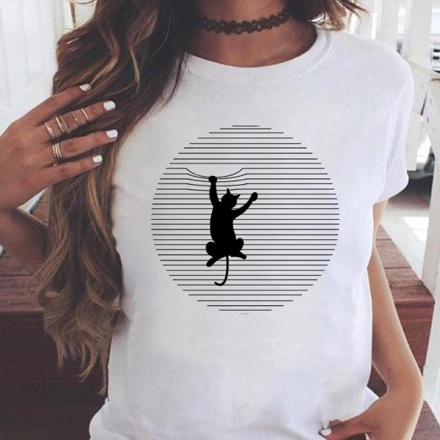 Women Graphic Printing Fashion Cat Animal 90s Clothing Short Sleeve Cartoon Summer Print Female Clothes Tops Tees Tshirt T-Shirt