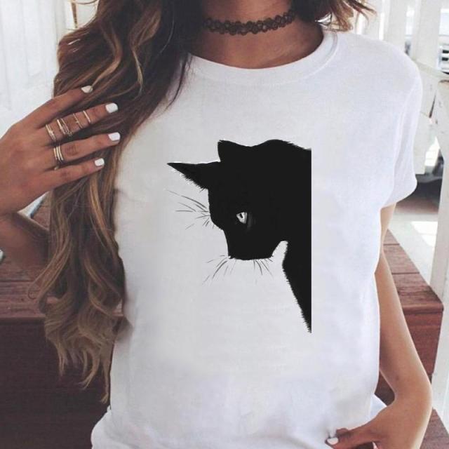 Women Graphic Printing Fashion Cat Animal 90s Clothing Short Sleeve Cartoon Summer Print Female Clothes Tops Tees Tshirt T-Shirt