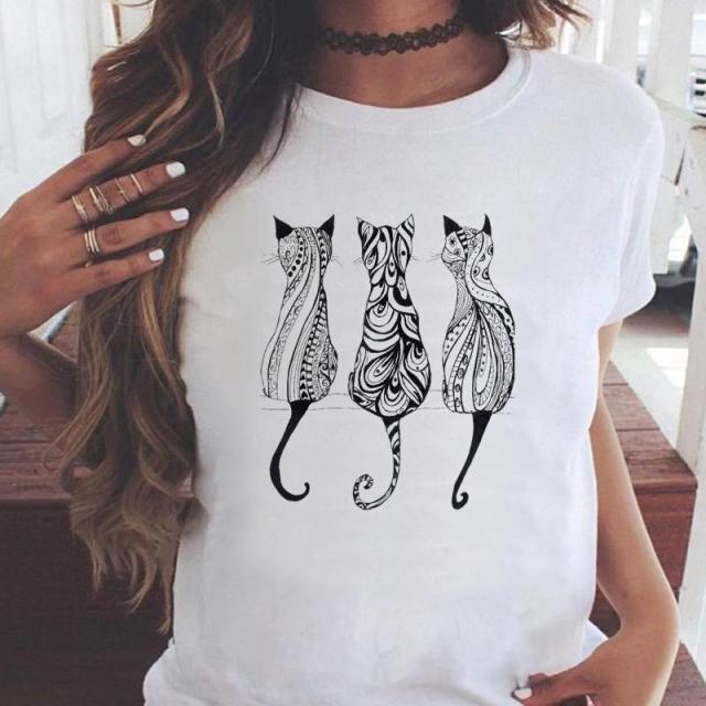 Women Graphic Printing Fashion Cat Animal 90s Clothing Short Sleeve Cartoon Summer Print Female Clothes Tops Tees Tshirt T-Shirt