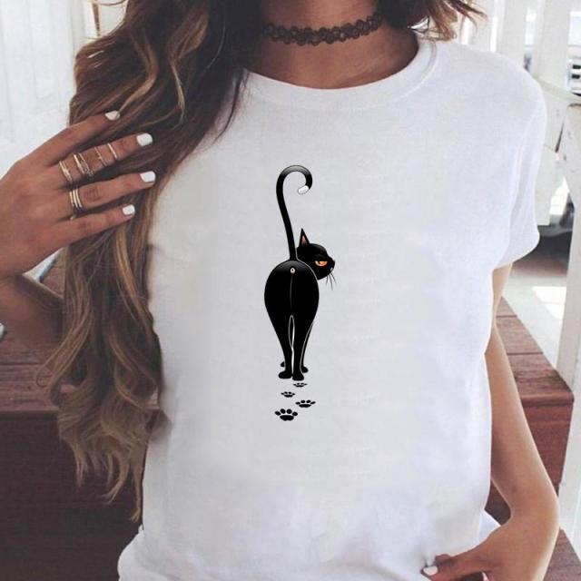 Women Graphic Printing Fashion Cat Animal 90s Clothing Short Sleeve Cartoon Summer Print Female Clothes Tops Tees Tshirt T-Shirt