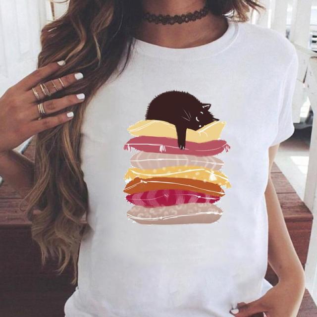 Women Graphic Printing Fashion Cat Animal 90s Clothing Short Sleeve Cartoon Summer Print Female Clothes Tops Tees Tshirt T-Shirt