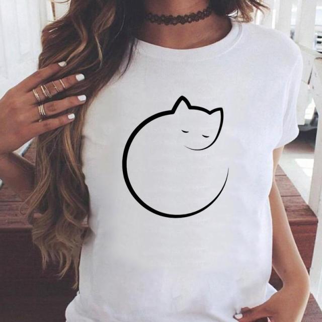 Women Graphic Printing Fashion Cat Animal 90s Clothing Short Sleeve Cartoon Summer Print Female Clothes Tops Tees Tshirt T-Shirt