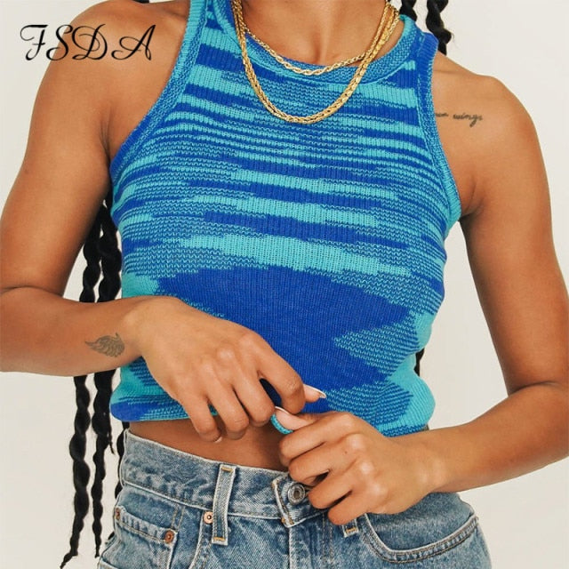 FSDA 2021 Knit Crop Top Women Sleeveless Basic T Shirts